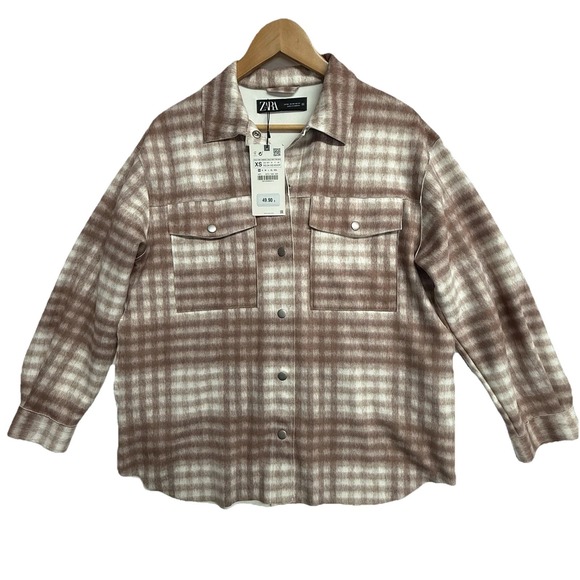 Zara Jackets & Blazers - Zara Womens XS Plaid Shacket NWT Snap Front Shirt Jacket Brown Cream